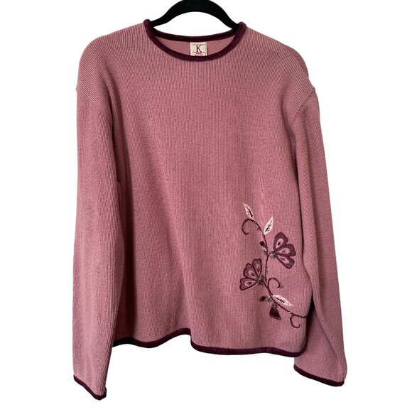 Vintage 90s Koret Sweater Size Medium Crewneck Floral Velvet Trim Deadstock NEW - Picture 1 of 8